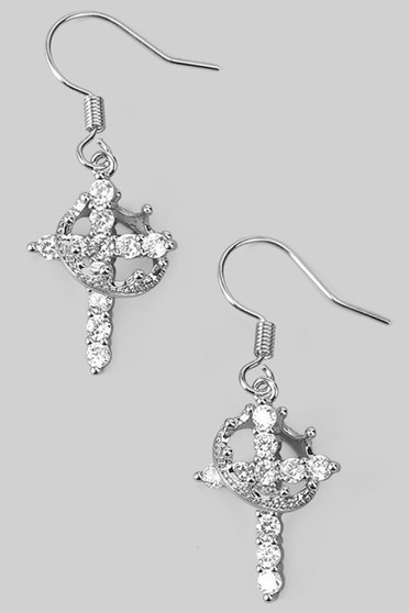 Cz Crown Linked Cross Drop Earrings