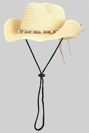 Woven Paper Hat With Starfish Accent And Chin Strap