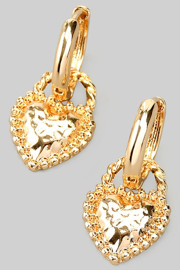 Textured Heart Charm Hoops