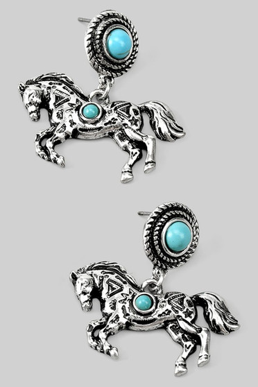 Turquoise Stone Post Earrings With Horse Charm