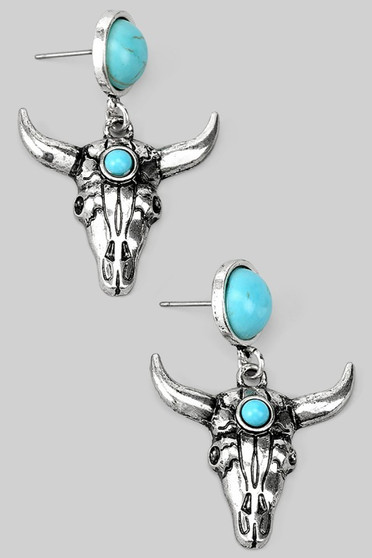Turquoise Stone Post Earrings With Bull Skull Charm