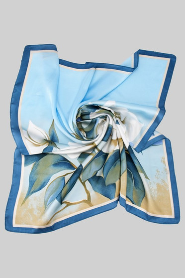 Lovely Blue Flower Print Silky Square Scarf