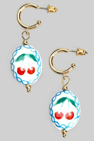 Post Hoops With Cherry Ceramic Charm