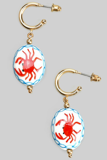 Post Hoops With Crab Ceramic Charm