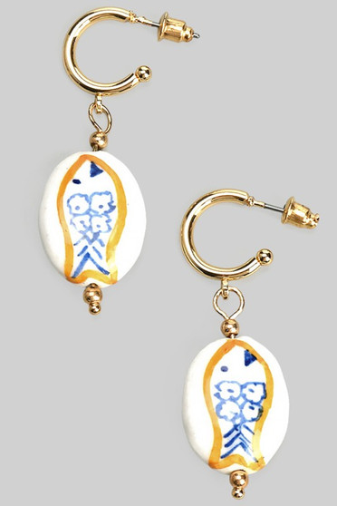 Post Hoops With Playful Fish Ceramic Charm