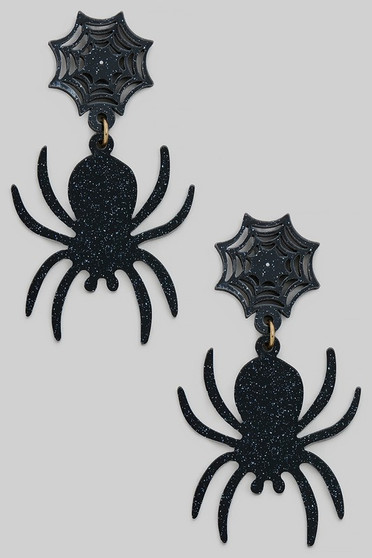 Dangling Glitter Spider Drop Earrings With Cobweb