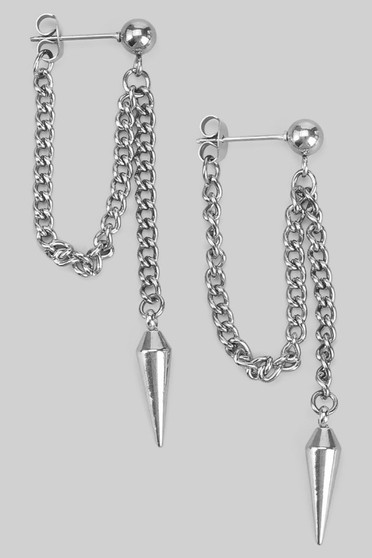 Round Post Earrings With Dangling Chain And Spike