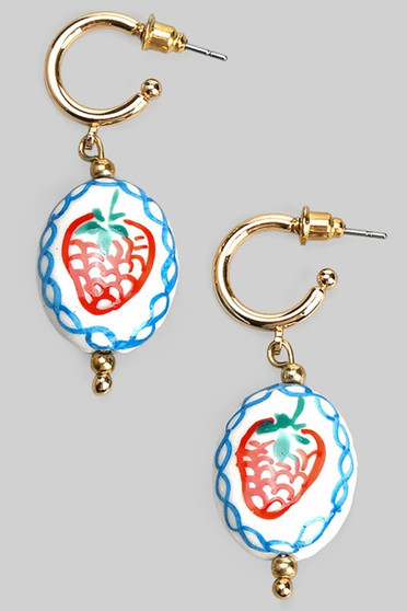 Post Hoops With Strawberry Ceramic Charm