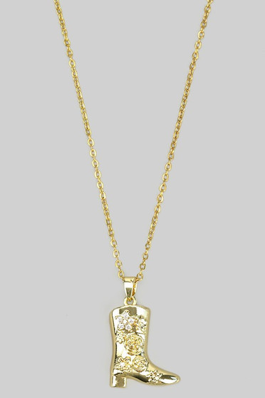 Stainless Steel Floral Cowboy Boot Pendant Necklace