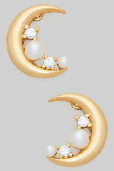Crescent Studs With Cz And Pearl
