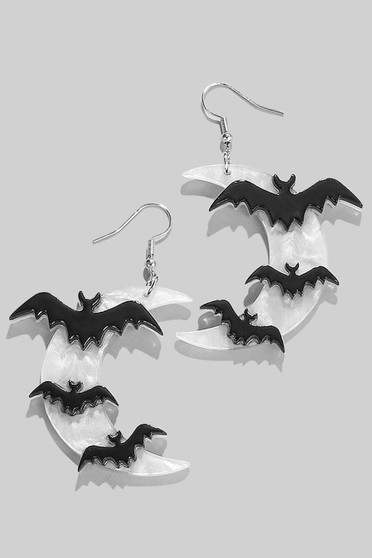 Marbled Acrylic Moon And Bat Drop Earrings
