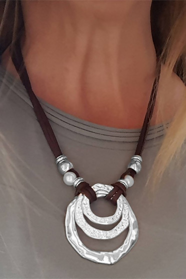 Adjustable Cord Necklace With Hammered Geo Pendant