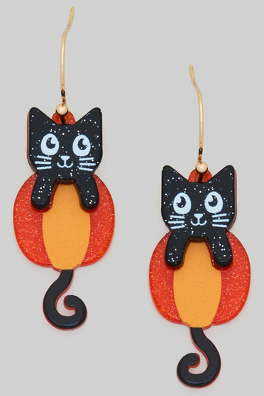 Glittery Acrylic Black Cat Pumpkin Drop Earrings