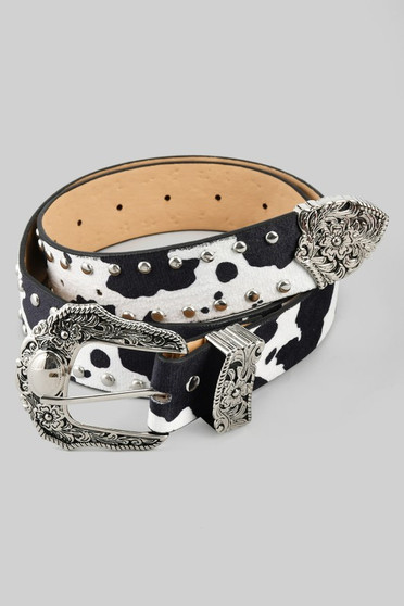 Western Cow Print Belt With Floral Buckle