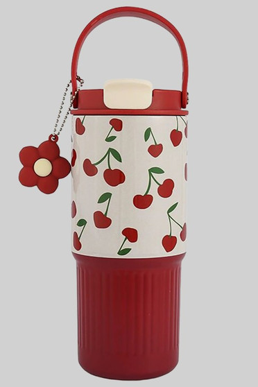 Cherry Print Stainless Steel Bottle With Straw