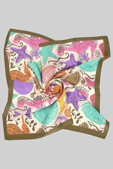 Multi Colored Sea Life Print Silky Square Scarf