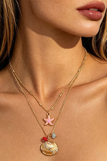 Colorful Starfish And Cz Shell Layered Chain Necklace