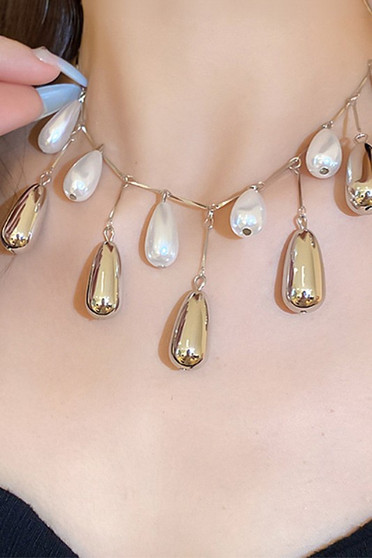 Sectioned Chain Necklace With Pearl Bulb Bib