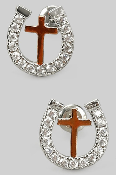 Cz Pave Horseshoe Studs With Cross Charm
