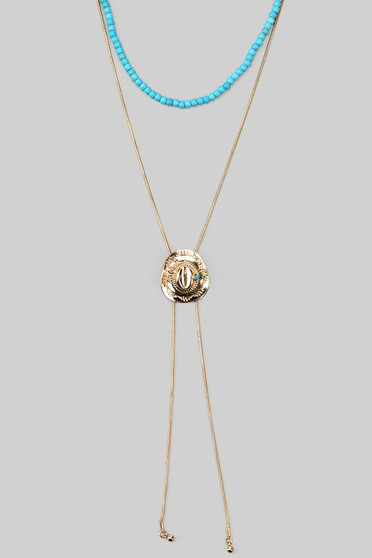 Bolo Style Layered Bead And Cowboy Hat Pendant Necklace