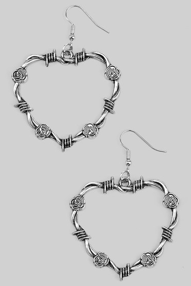 Barbed Wire Rose Heart Shaped Drop Earrings