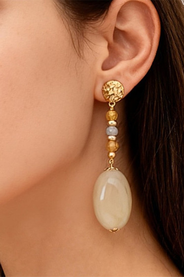 Stone Drop Earrings With Beads And Hammered Post