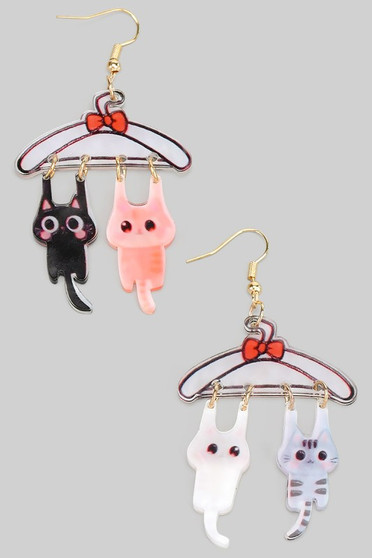Hanger Drop Earrings With Dangling Cat Charms