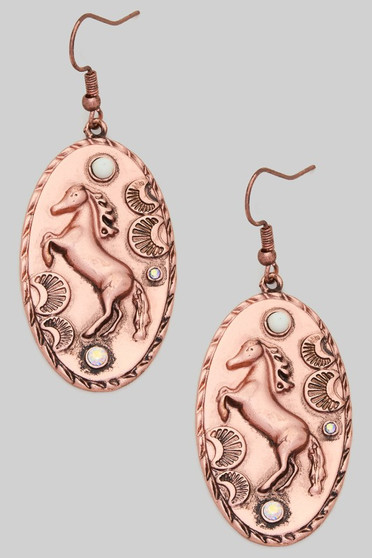 Copper Pressed Horse Oval Drop Earrings
