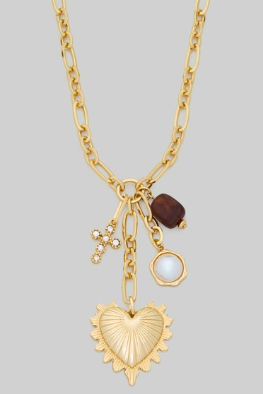 Heart Pearl Stone Cross Charm Chain Necklace