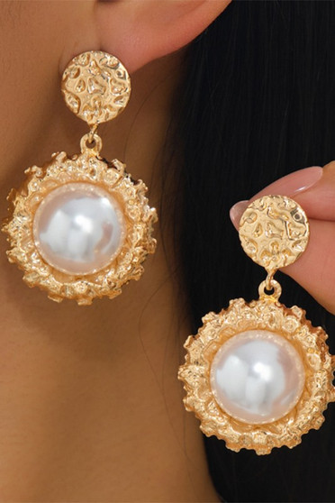 Hammered Post Earrings With Dangling Round Pearls