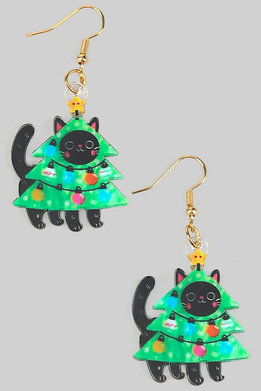 Adorable Acrylic Cat Christmas Tree Drop Earrings
