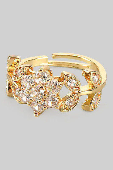 Adjustable Floral Cz Stone Brass Ring
