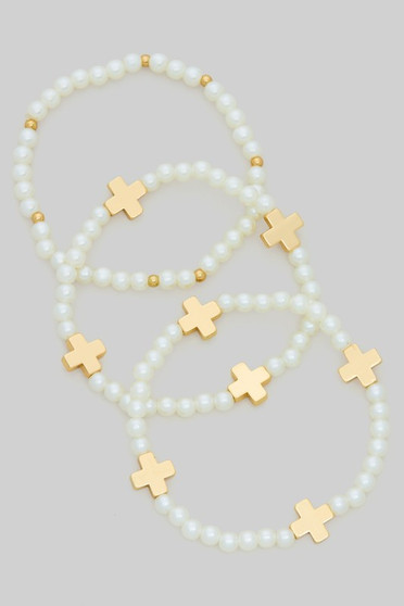 Three Piece Cross Charm Beaded Stretch Bracelet