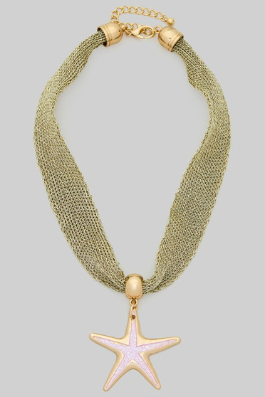 18K Gold Dipped Starfish Pendant Metal Fabric Necklace