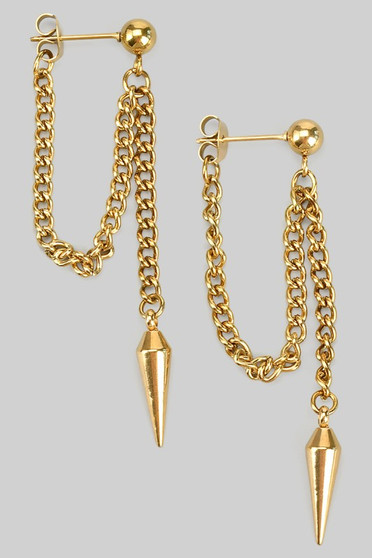 Round Post Earrings With Dangling Chain And Spike