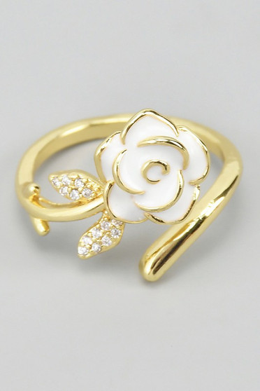 Lacquered Brass Rose Ring With Cz Pave