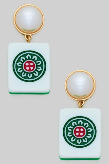 Gold Dipped Pearl Plastic Mahjong Post Earrings