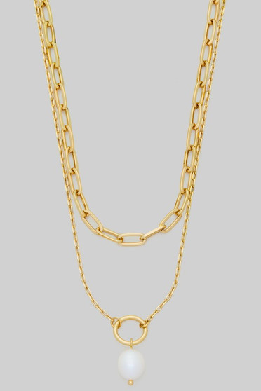 Layered Chain Necklace With O Ring Pearl Pendant