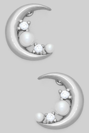Crescent Studs With Cz And Pearl