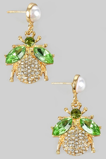 Pearl Post Earrings With Bejeweled Bug Charm