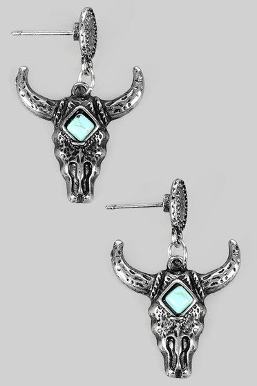 Bull Skull Tq Stone Charm Conch Post Drop Earrings