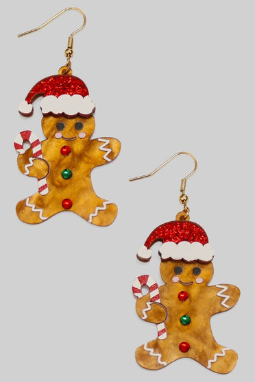 Marbled Acrylic Gingerbread Man Santa Hat Drop Earrings