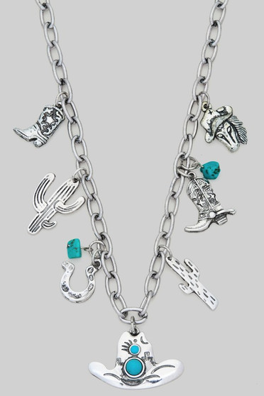 Western Cowboy Hat Charm Tq Stone Necklace