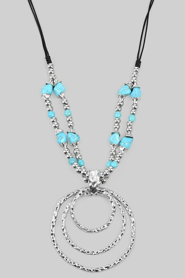 Hammered Circle Pendant Cord Necklace With Tq Beads