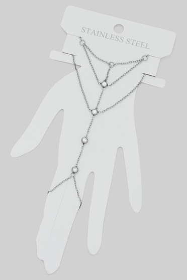 Layered Stainless Steel Hand Chain W Ring Cz Charms