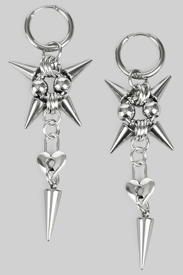 Stainless Steel Spike Ball And Heart Charm Earrings