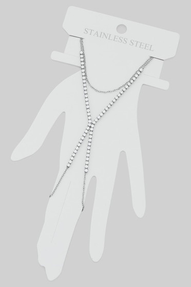 Stainless Steel Layered Cz Hand Chain Ring Bracelet