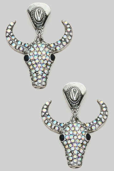 Cowboy Hat Post Ab Stone Bull Skull Drop Earrings
