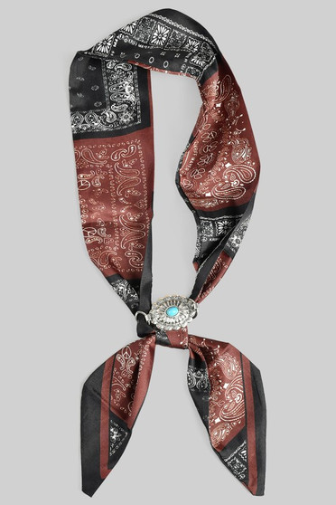 Brown Black Paisley Print Neck Scarf With Bolo