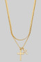 Double Layered Chain Necklace With Cz Cross Pendants